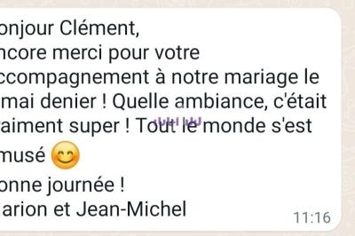 Capture d'écran d'un message de remerciement adressé à Clément pour son accompagnement lors d'un mariage.