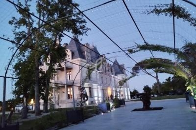 Allée couverte de treillis illuminés menant à un château entouré d'arbres au crépuscule.