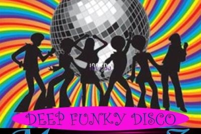 Silhouettes de danseurs devant une boule disco et un fond coloré en spirale psychédélique.