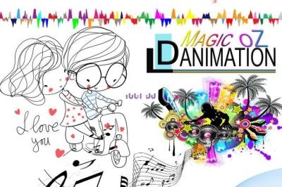 Illustration colorée avec un couple dessiné, des notes de musique, des palmiers et le texte ’LD-ANIMATION’.