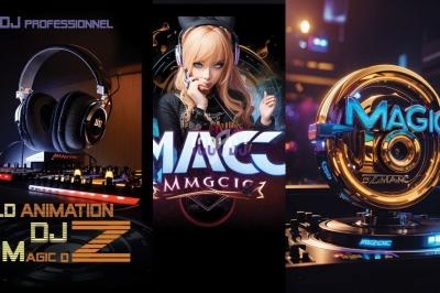Console de DJ avec éclairage coloré, affiche promotionnelle et logo lumineux ’Magic DJ’ sur platine.