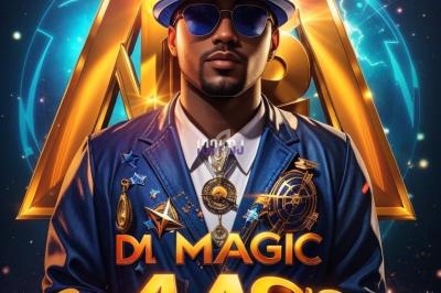 Homme en tenue bleue et lunettes de soleil, entouré d'éléments graphiques lumineux et de symboles dorés.