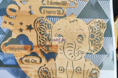 Sculpture en bois représentant un éléphant et une lune, avec des inscriptions personnalisées sur la naissance d'un enfant.