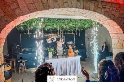 Un bar décoré avec des végétaux suspendus, des étincelles jaillissent près d'une table ornée d'un gâteau.