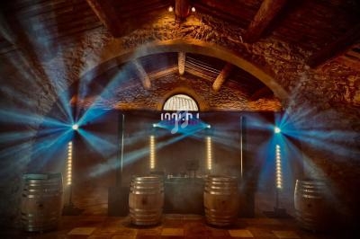 Salle voûtée en pierre avec des jeux de lumière, des tonneaux en bois et un équipement de sonorisation.