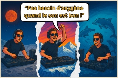 Illustration d'un DJ avec casque et platines, entouré de paysages variés, accompagné d'une bulle de texte humoristique.