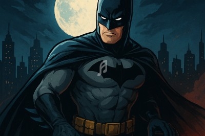 Un personnage en costume sombre mixant sur une table de DJ, avec une pleine lune et une ville en arrière-plan.