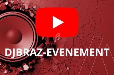 Illustration d'un haut-parleur rouge avec un logo de lecture et le texte ’DJBRAZ-EVENEMENT’ sur un fond texturé.