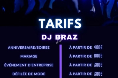 Liste des tarifs pour divers événements avec éclairage de scène et silhouettes de personnes dansant en arrière-plan.