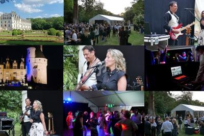Montage d'images montrant un château, un événement en plein air, des musiciens et des invités dansant sous une tente.