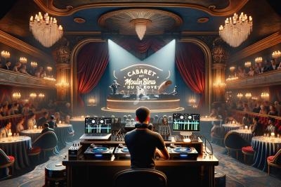 Un DJ mixe devant une scène de cabaret éclairée, entourée de spectateurs dans une salle ornée de chandeliers.