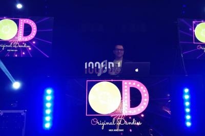 Un DJ mixant sur une scène éclairée, entouré d'écrans affichant le logo ’Original Dandies’.