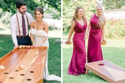 Deux photos montrant des invités élégants jouant à des jeux en bois lors d'un événement en plein air.