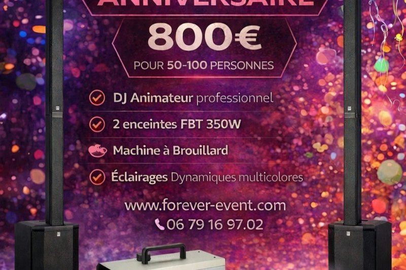 Pack anniversaire avec DJ, enceintes, machine à brouillard et éclairages colorés pour 50 à 100 personnes.