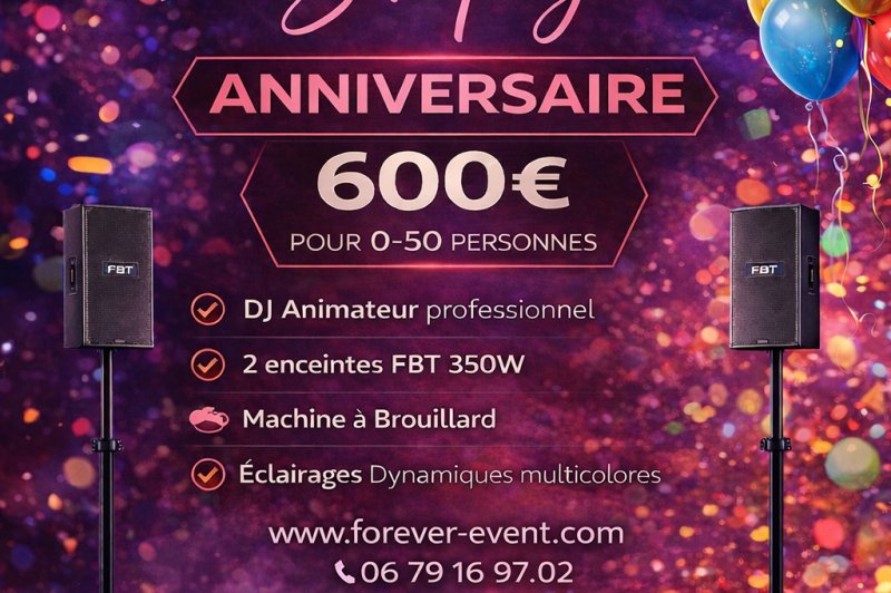 Visuel promotionnel pour une offre d'animation d'anniversaire avec DJ, enceintes, éclairages et machine à brouillard.