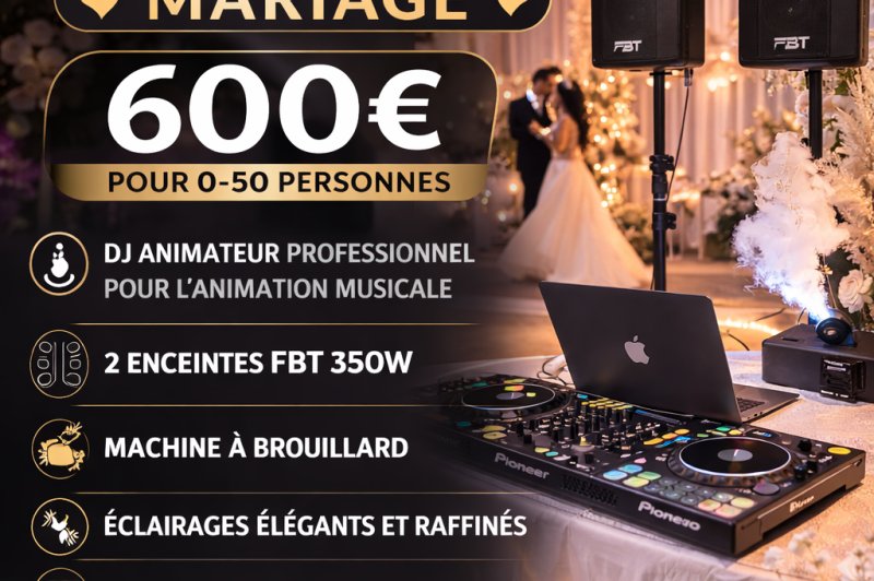 Pack mariage avec DJ, enceintes, éclairages, machine à brouillard, MacBook Pro et contrôleur DJ, pour 0-50 personnes.