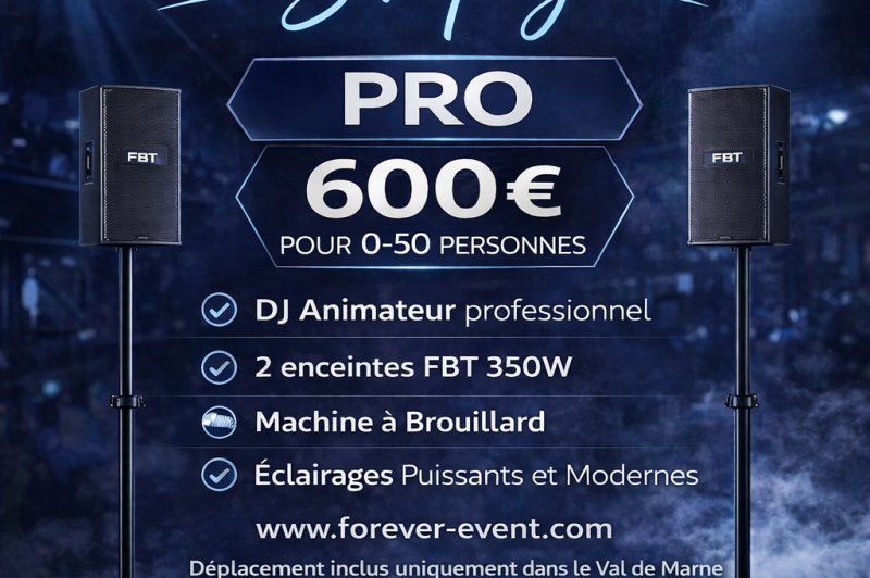 Visuel promotionnel pour un pack événementiel incluant DJ, enceintes, machine à brouillard et éclairages modernes.