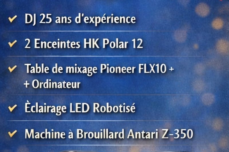 Visuel promotionnel d'une offre événementielle incluant DJ, enceintes, table de mixage, éclairage et machine à brouillard.