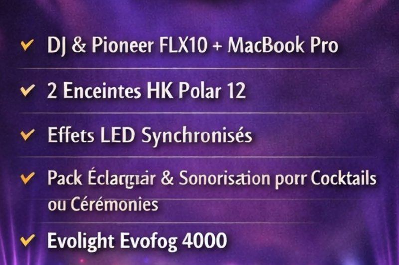 Visuel promotionnel pour une offre d'événementiel incluant DJ, éclairage LED, enceintes et matériel audio professionnel.