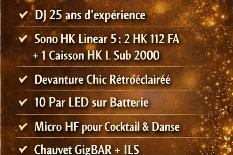 Liste des prestations d'un pack événementiel avec équipements son, lumière et effets spéciaux.
