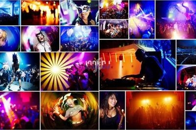 Mosaïque de photos montrant des scènes de fête avec des personnes dansant, des DJ et des jeux de lumière colorés.