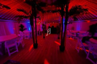 Salle décorée de palmiers avec éclairage rouge et violet, tables blanches et ambiance tamisée.