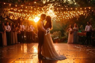 Un couple danse sous des guirlandes lumineuses au coucher du soleil, entouré d'invités en tenue de cérémonie.