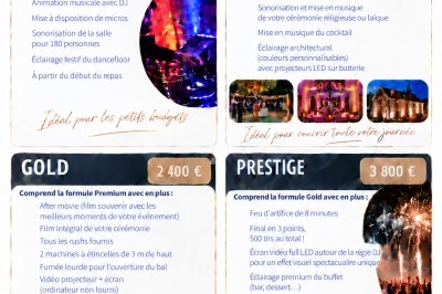 Catalogue de prestations pour mariages et soirées privées avec tarifs, descriptions et options par catégorie.