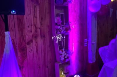 Étagère décorative en bois ornée de fleurs et guirlandes lumineuses, éclairée par une lumière violette dans une salle.