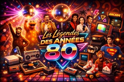 Illustration colorée sur le thème des années 80 avec des personnages, objets rétro et éléments culturels emblématiques.
