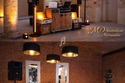 Installation de matériel de sonorisation et éclairage pour un événement dans une salle voûtée en pierre et briques.