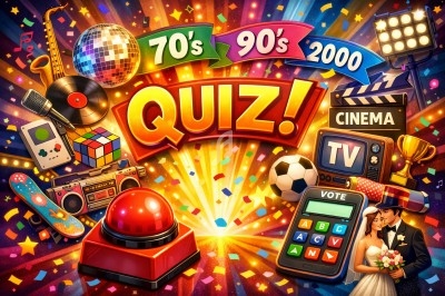 Illustration colorée représentant un quiz sur les années 70, 90 et 2000 avec des objets culturels emblématiques.