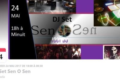 Visuel promotionnel pour un DJ set le 24 mai, de 18h à minuit, avec photos d'ambiance et détails de l'événement.