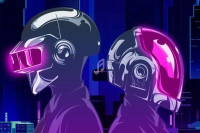 Illustration de deux figures futuristes casquées, dos à dos, avec des néons et une ville en arrière-plan.