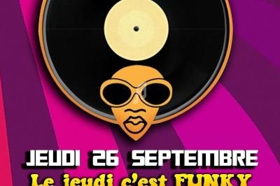 Illustration d'un disque vinyle avec un visage stylisé et des informations sur une soirée funk le jeudi 26 septembre.