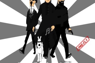 Affiche illustrée annonçant un événement musical avec trois personnages stylisés, un chien et des informations textuelles.