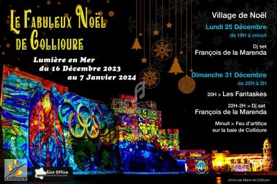 Affiche colorée annonçant les festivités de Noël à Collioure, avec spectacles, DJ et feu d'artifice en bord de mer.