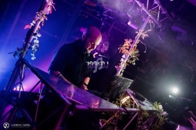 Un DJ mixe de la musique sur une scène décorée de plantes, éclairée par des lumières violettes.