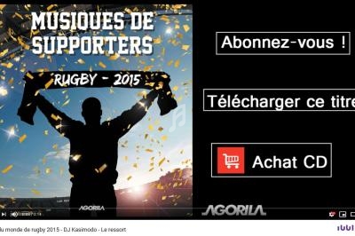 Image d'une pochette d'album ’Musiques de supporters Rugby 2015’ avec options d'abonnement, téléchargement et achat de CD.