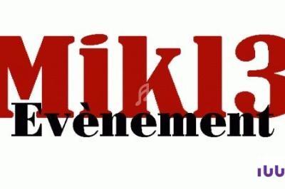 Texte en rouge ’Mikl3’ et en noir ’Evènement’ sur fond blanc, avec un petit logo violet en bas à droite.