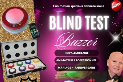 Image montrant un buzzer lumineux, une télécommande, une mallette contenant plusieurs buzzers colorés et un animateur.