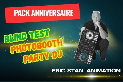 Image promotionnelle d'un pack anniversaire avec blind test, photobooth et DJ, illustrée par un homme tenant une table de…