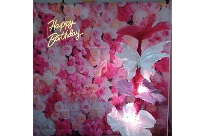 Mur floral rose avec inscription lumineuse ’Happy Birthday’ et décoration en forme de papillons lumineux.