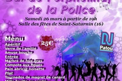 Affiche colorée annonçant le bal de l'orphelinat de la police avec date, lieu, menu, prix et informations de contact.