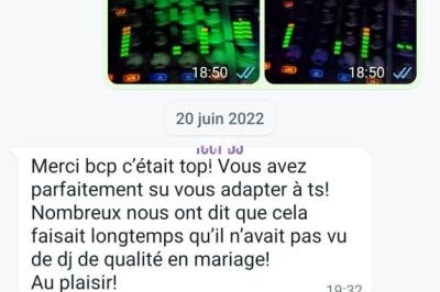 Capture d'écran d'une conversation WhatsApp avec des messages de remerciements et des photos de matériel de DJ en soirée.