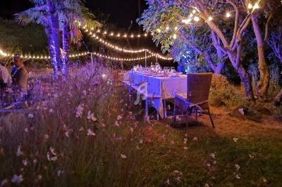 Table dressée pour un dîner en extérieur, éclairée par des guirlandes lumineuses, entourée de végétation et de fleurs.