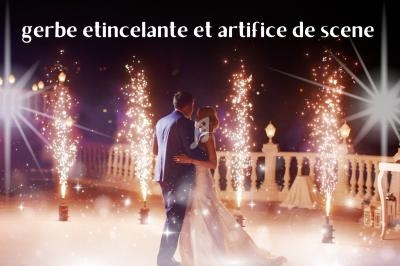 Un couple de dos observe des feux d'artifice et des gerbes lumineuses lors d'une célébration nocturne en extérieur.