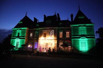 Façade d'un château illuminé en vert et décoré de guirlandes lumineuses, photographié à la tombée de la nuit.