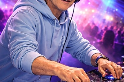 Un DJ portant un sweat à capuche et des lunettes de soleil mixe sur une console dans une ambiance lumineuse de concert.