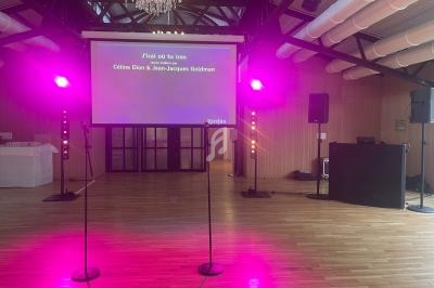 Écran de karaoké affichant les paroles de ’J'irai où tu iras’ dans une salle éclairée par des lumières roses.